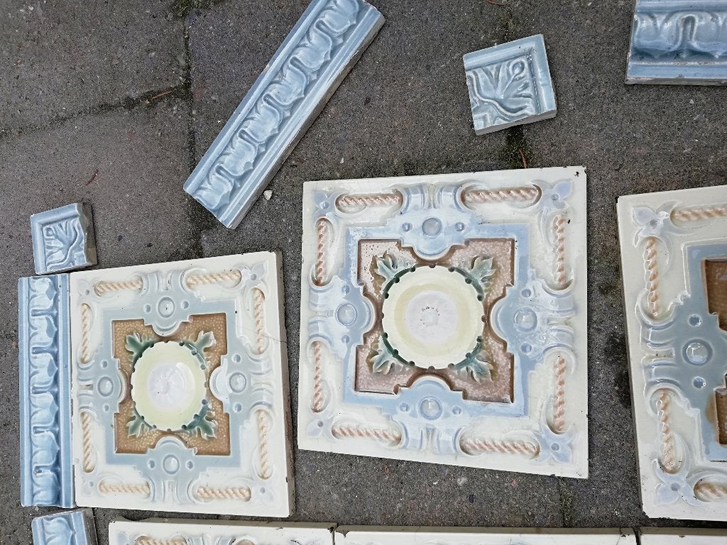 15 Prachtige art nouveau wandtegels, geel grijsblauw taupe, Antiek en Kunst, Ophalen
