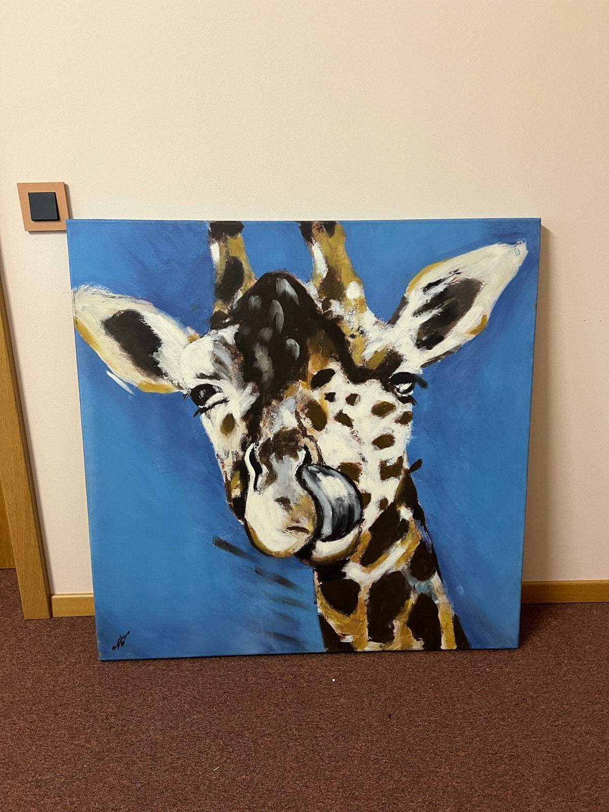 Mooi blauw giraffe schilderij - 100x100 cm, Antiek en Kunst, Ophalen of Verzenden, Textiel, Handgeschilderd, Dieren