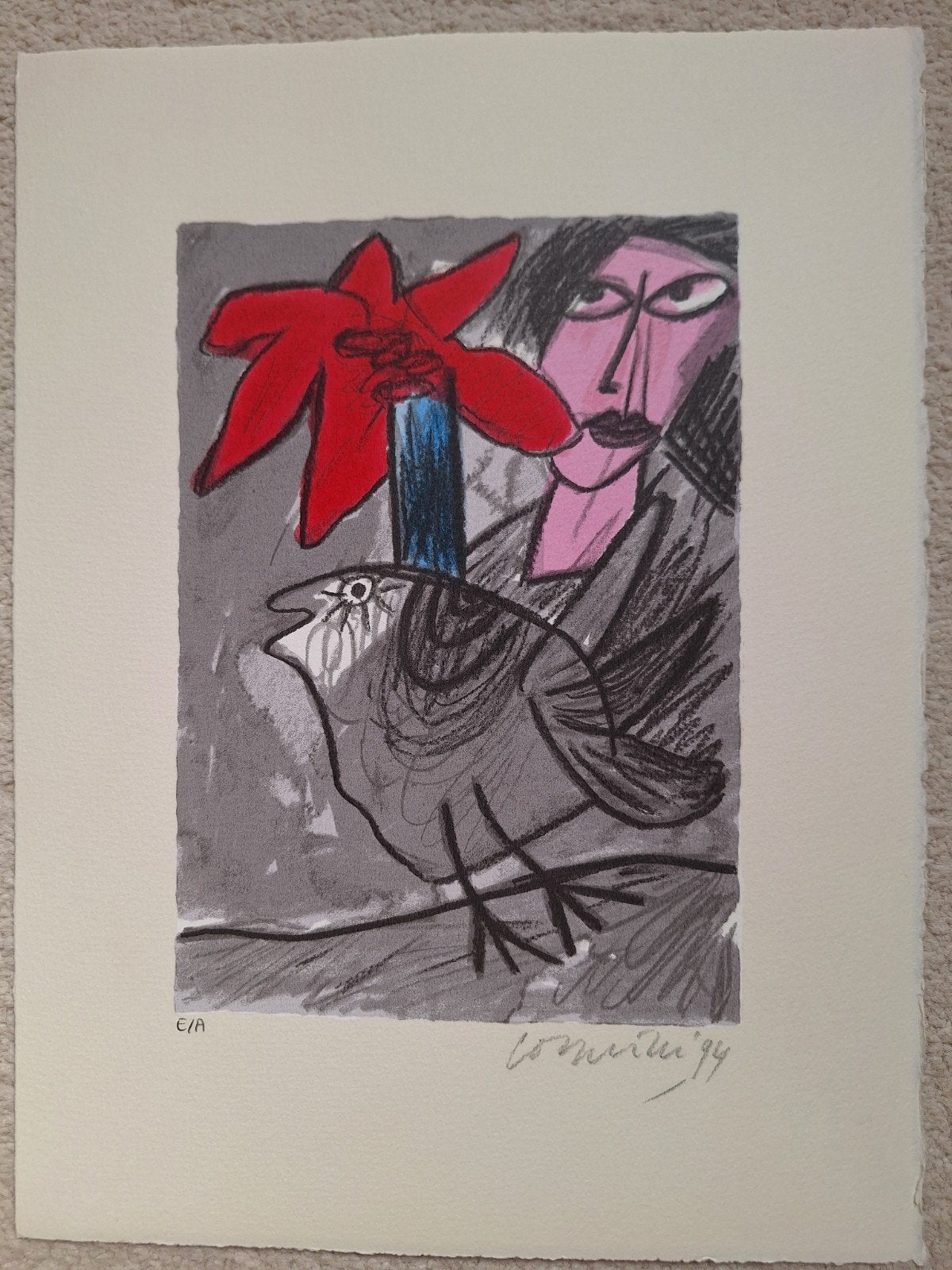 Corneille - Rode Vogel - 28 x 38 cm, Gesigneerd, Ophalen of Verzenden, Dieren en Natuur, Zeefdruk