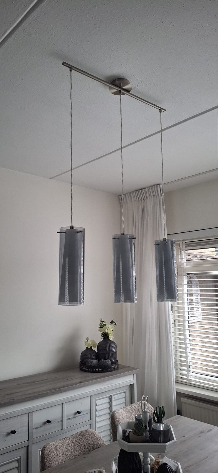 Hanglamp met 3 grijze cilinders, Ophalen, Gebruikt, Metaal, E27 (groot)