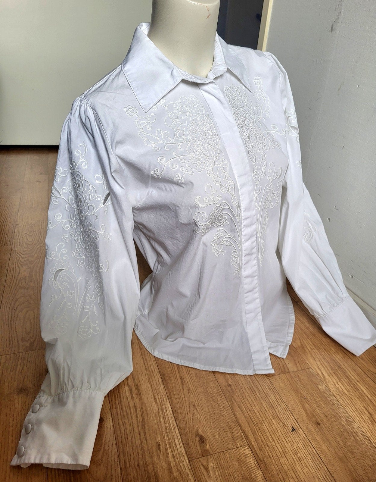 Romantische Witte Blouse met Borduursel Vintage look 100% ka, Maat 38/40 (M), Wit, Ophalen of Verzenden, Zo goed als nieuw