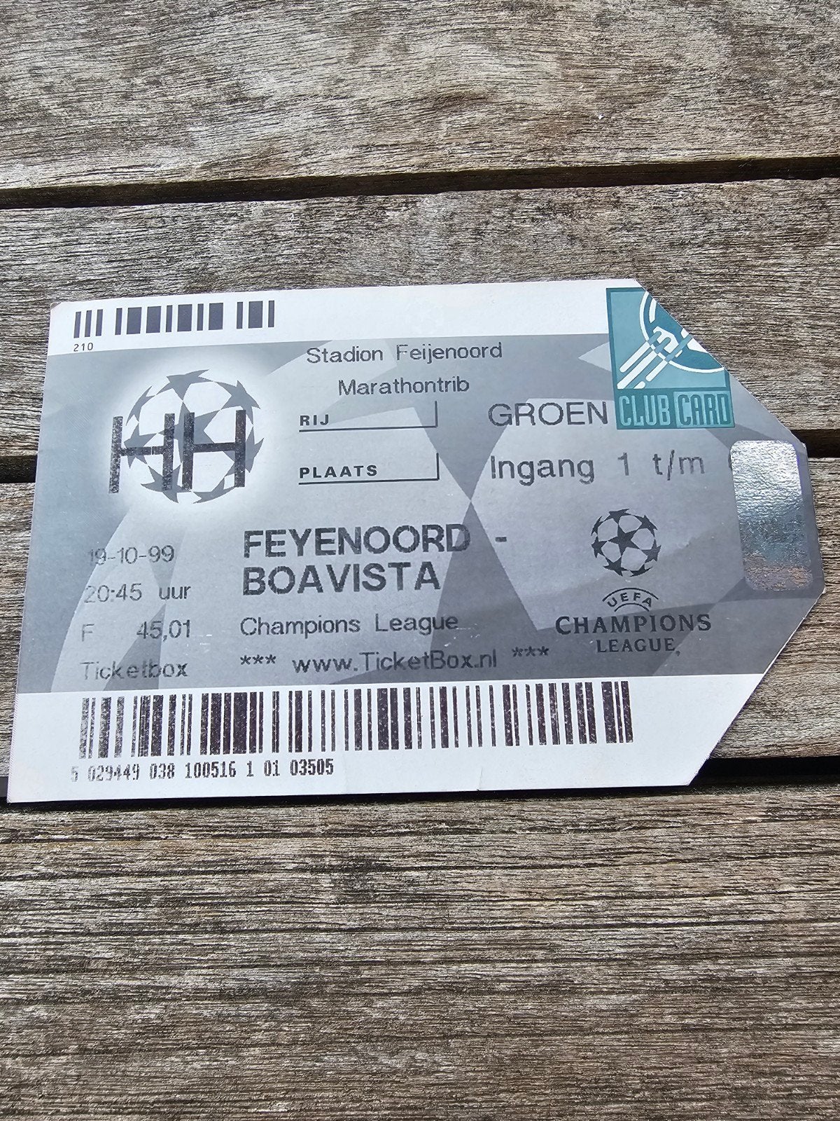 Kaartje feyenoord-boavista 19-10-1999 champions league, Verzenden, Feyenoord, Poster, Plaatje of Sticker