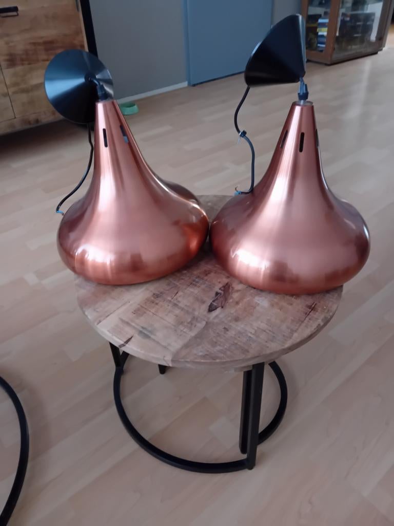 Koperkleurige Biljartlampen met Spiraallampen (2 stuks), Industrieel, Modern, Koper, Ophalen of Verzenden, Zo goed als nieuw, Metaal