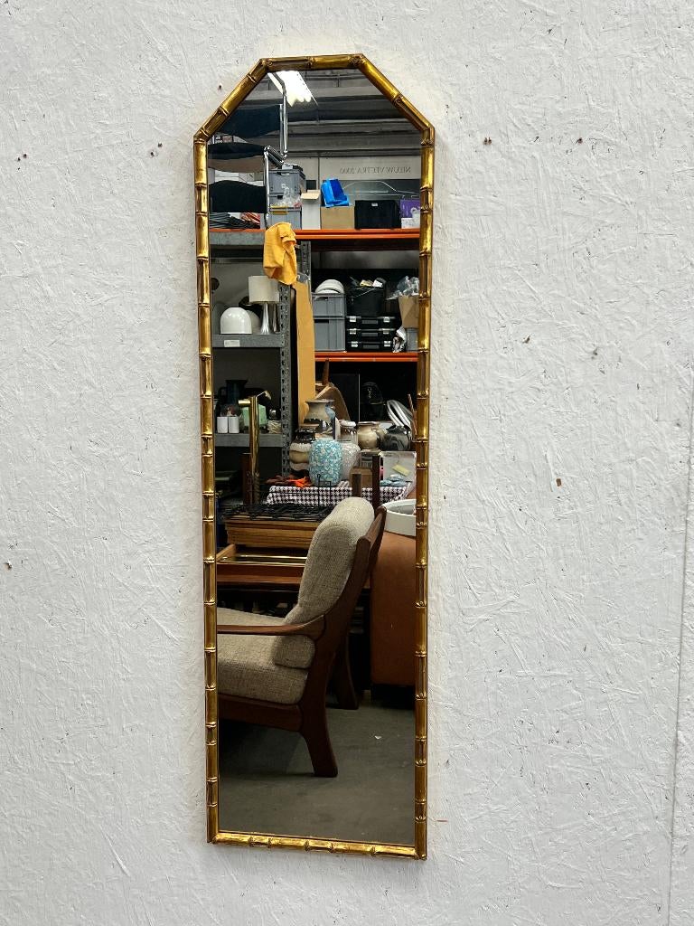 Goudkleurige hoge bamboe spiegel, vintage 80's / 90's, Minder dan 50 cm, Gebruikt, Onbekend, Ophalen of Verzenden