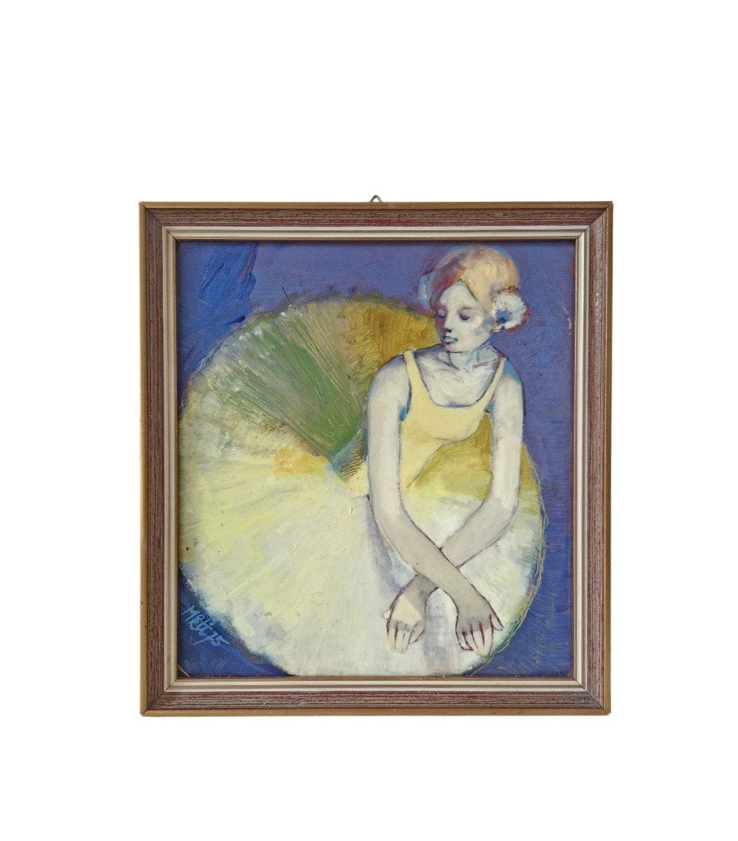 Schilderij ballerina Olieverf op paneel gesigneerd M&G '75, Figuren, Gesigneerd, Ophalen of Verzenden, Olieverf