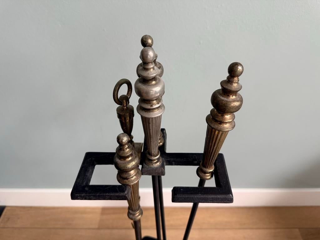 Vintage haardstel met messing handvatten, Vintage, Ophalen of Verzenden, Metaal, Gebruikt