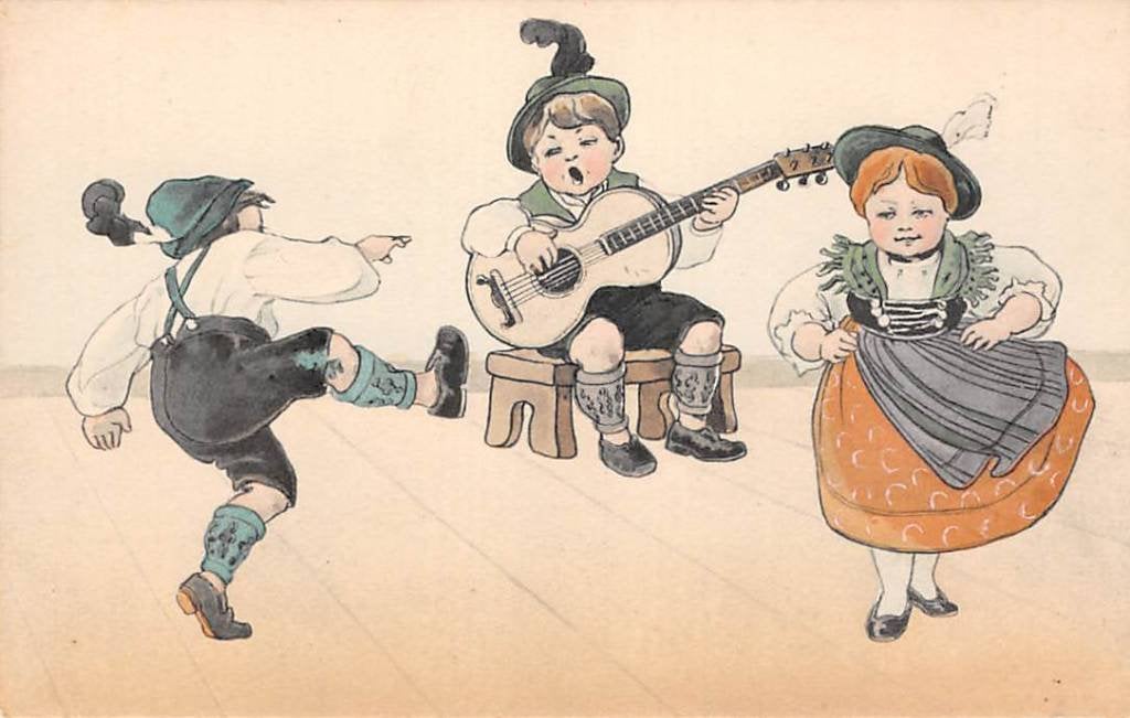 Fantasie Dansend paartje Lederhosen Duitsland Vintage Kind 4, Ophalen of Verzenden, Voor 1920, Ongelopen, Kinderen