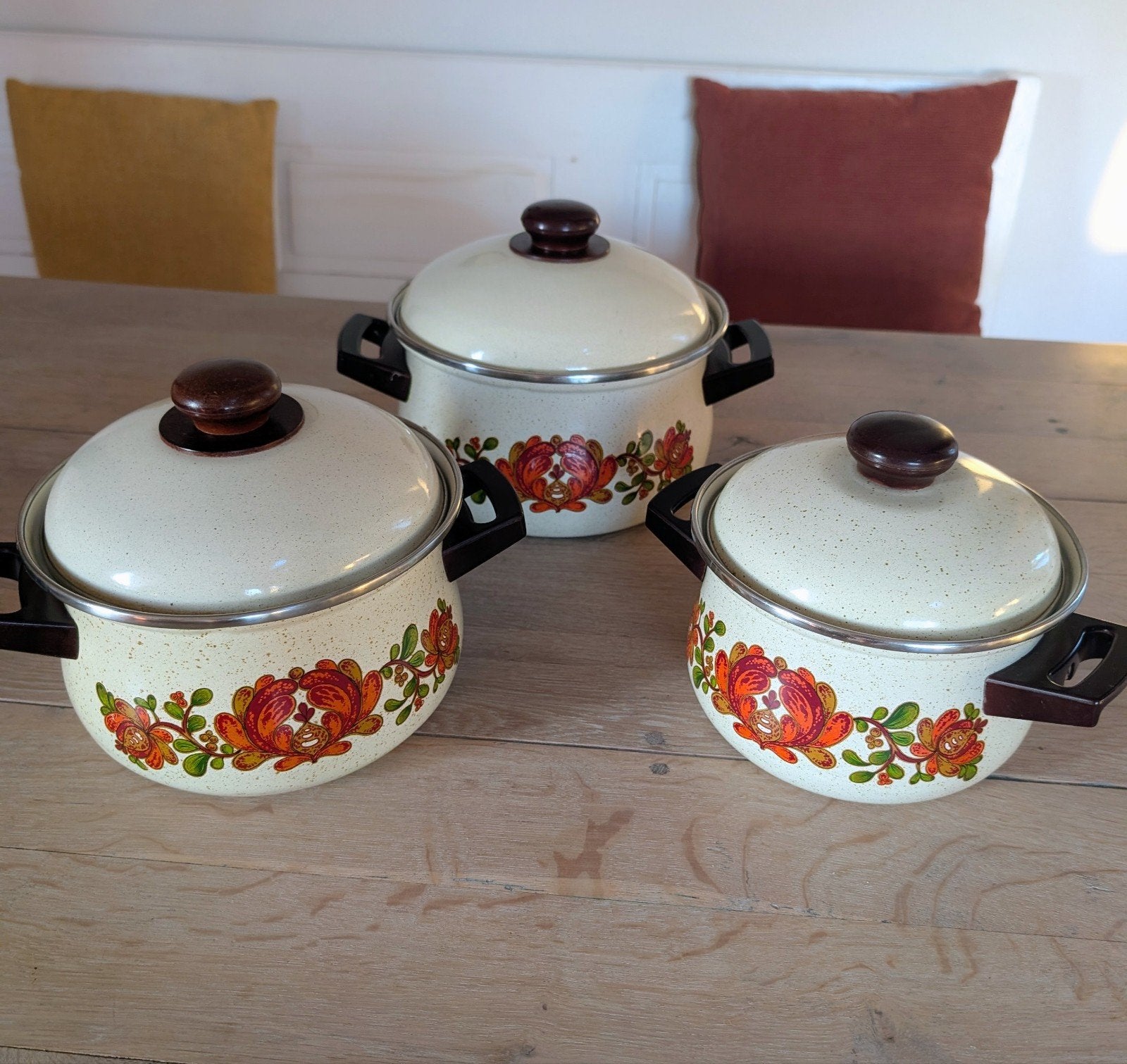 Retro vintage pannenset emaille 3 stuks, Antiek en Kunst, Ophalen of Verzenden