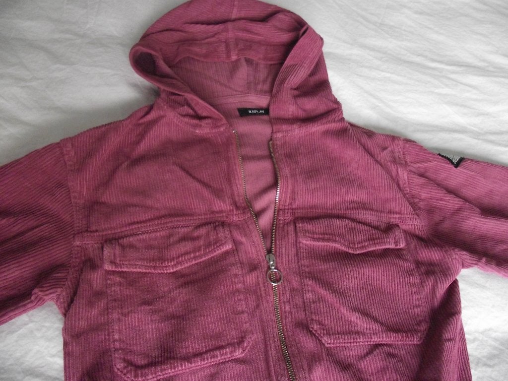 roze rib jas + rits capuchon grote zakken glitter Replay 164, Ophalen of Verzenden, Zo goed als nieuw, Jas, Meisje