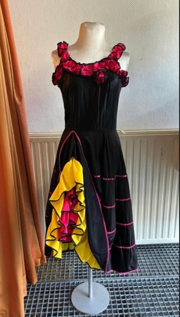 Zwart met roze en gele jurk - Carnaval/Themafeest, Maat 38/40 (M), Carnaval, Ophalen of Verzenden, Kleding