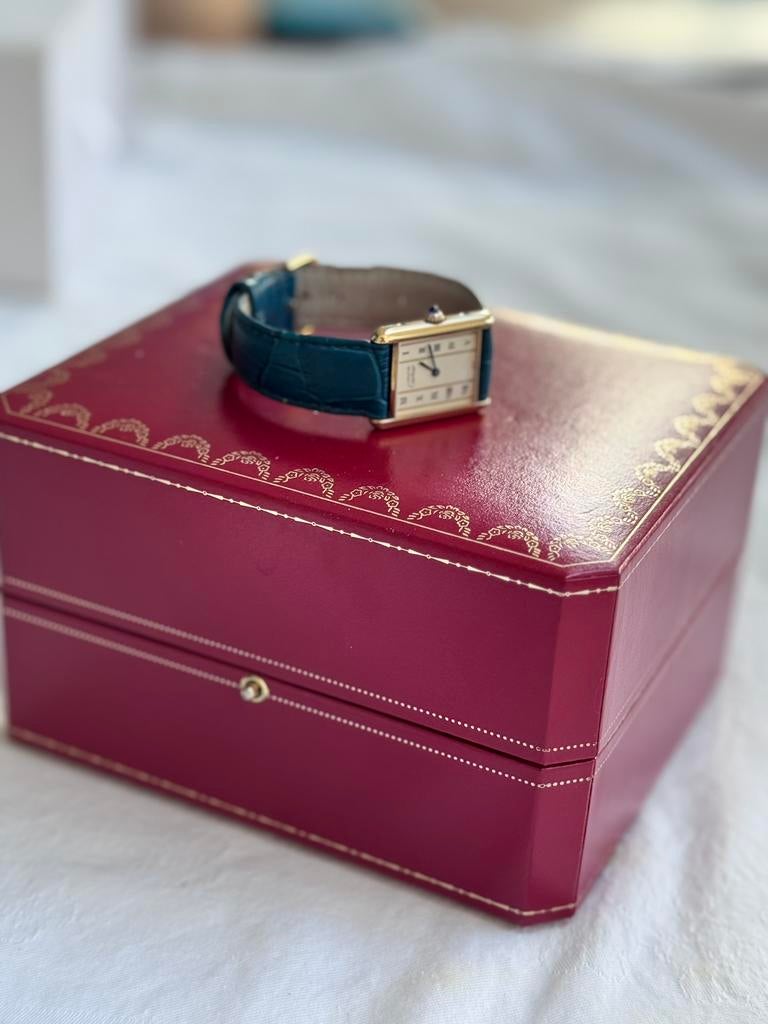 CARTIER Tank Vermeil, met box. Lederen band, Ophalen of Verzenden, Zo goed als nieuw