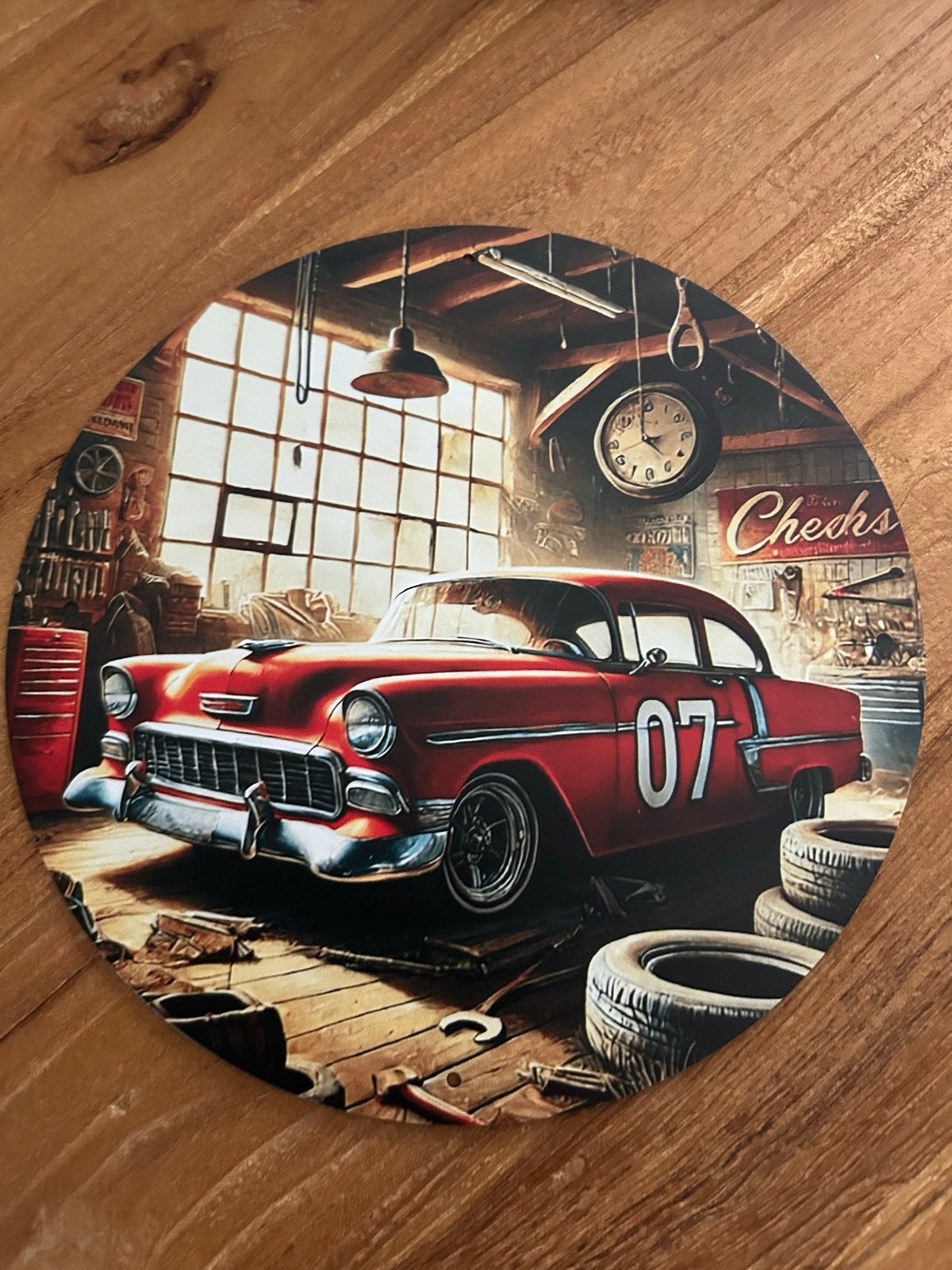 Rond metalen bordje met klassieke rode auto - 20x20 cm, Ophalen of Verzenden, Nieuw