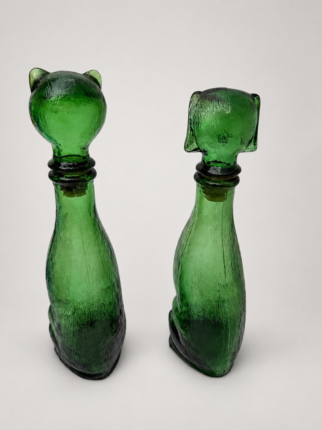 Vintage Groene Glazen Kat en Hond Karaffen/Flessen, Ophalen of Verzenden