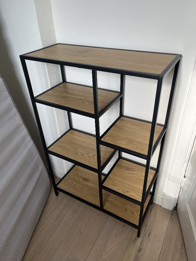 Wandrek 5 schappen eiken/zwart, Ophalen, Zo goed als nieuw