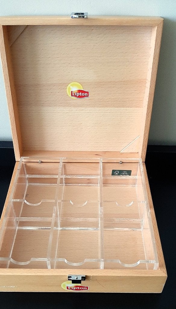 Lipton, houten theekistje met vakken, Gebruikt, Hout, Ophalen of Verzenden, Theedoos