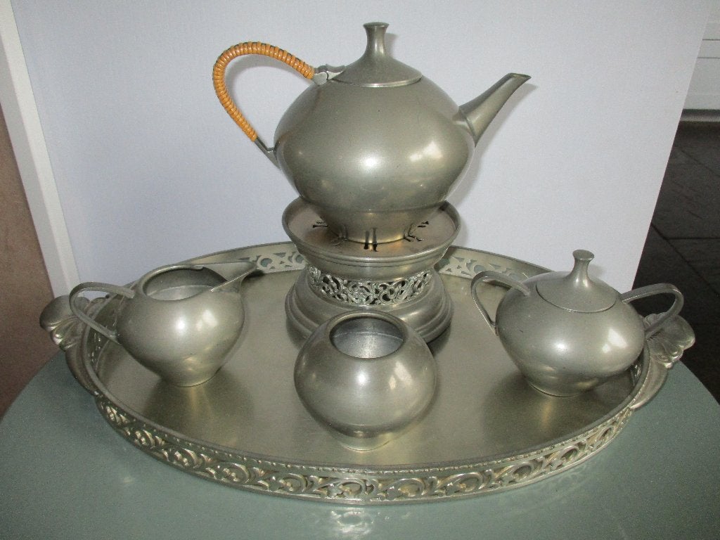 antiek theeservies tin met dienblad, Antiek en Kunst, Ophalen of Verzenden