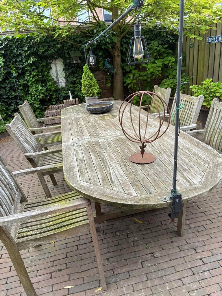 Teakhouten tuinset met 6 stoelen, inklapbare tafel, Ophalen, Gebruikt, 6 zitplaatsen, Teakhout