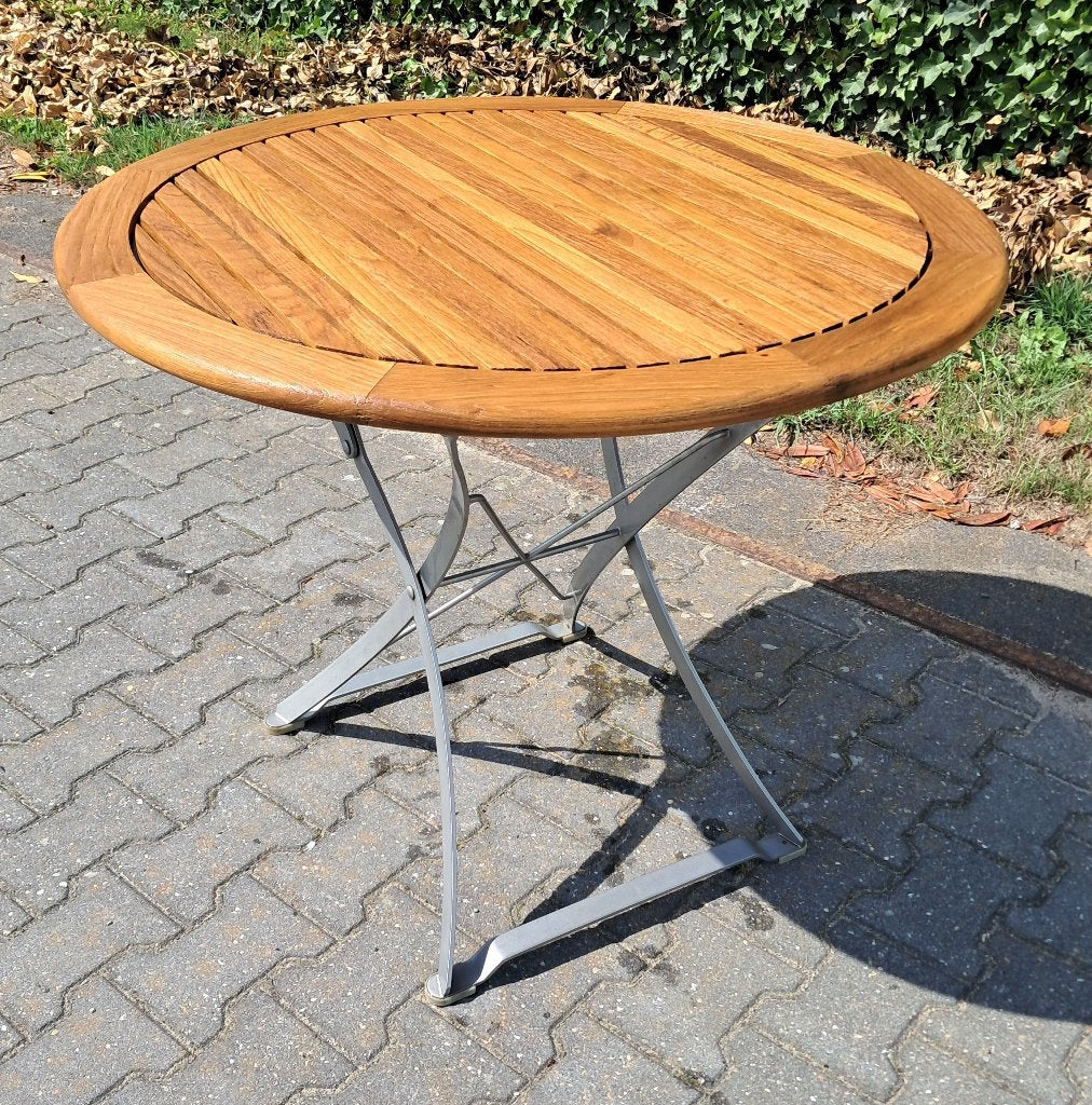 Teak & Garden teakhouten tuintafel 90 cm doorsnede, Tuin en Terras, Ophalen, Gebruikt, Teak & Garden, Kampweg 70 C, 3941 GP Doorn