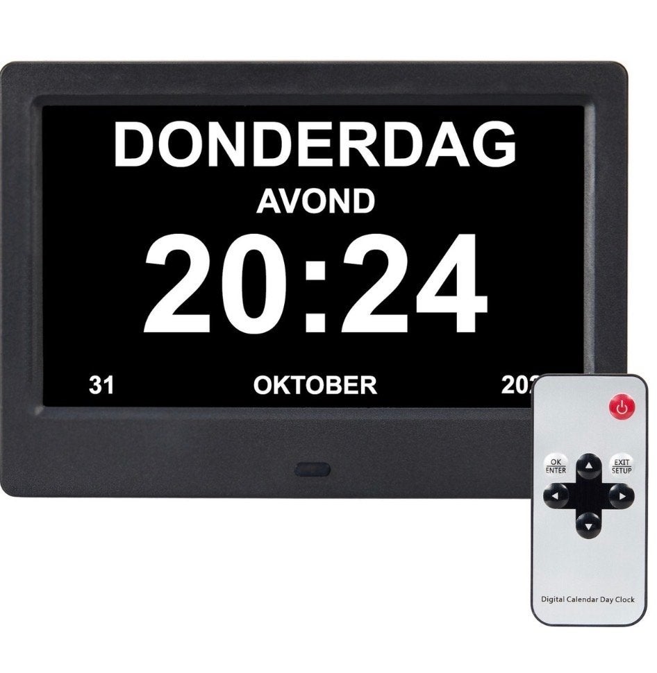 Digitale dementie klok met Afstandsbediening en Dimfunctie, Huis en Inrichting, Ophalen of Verzenden, Zo goed als nieuw, Analoog en Digitaal