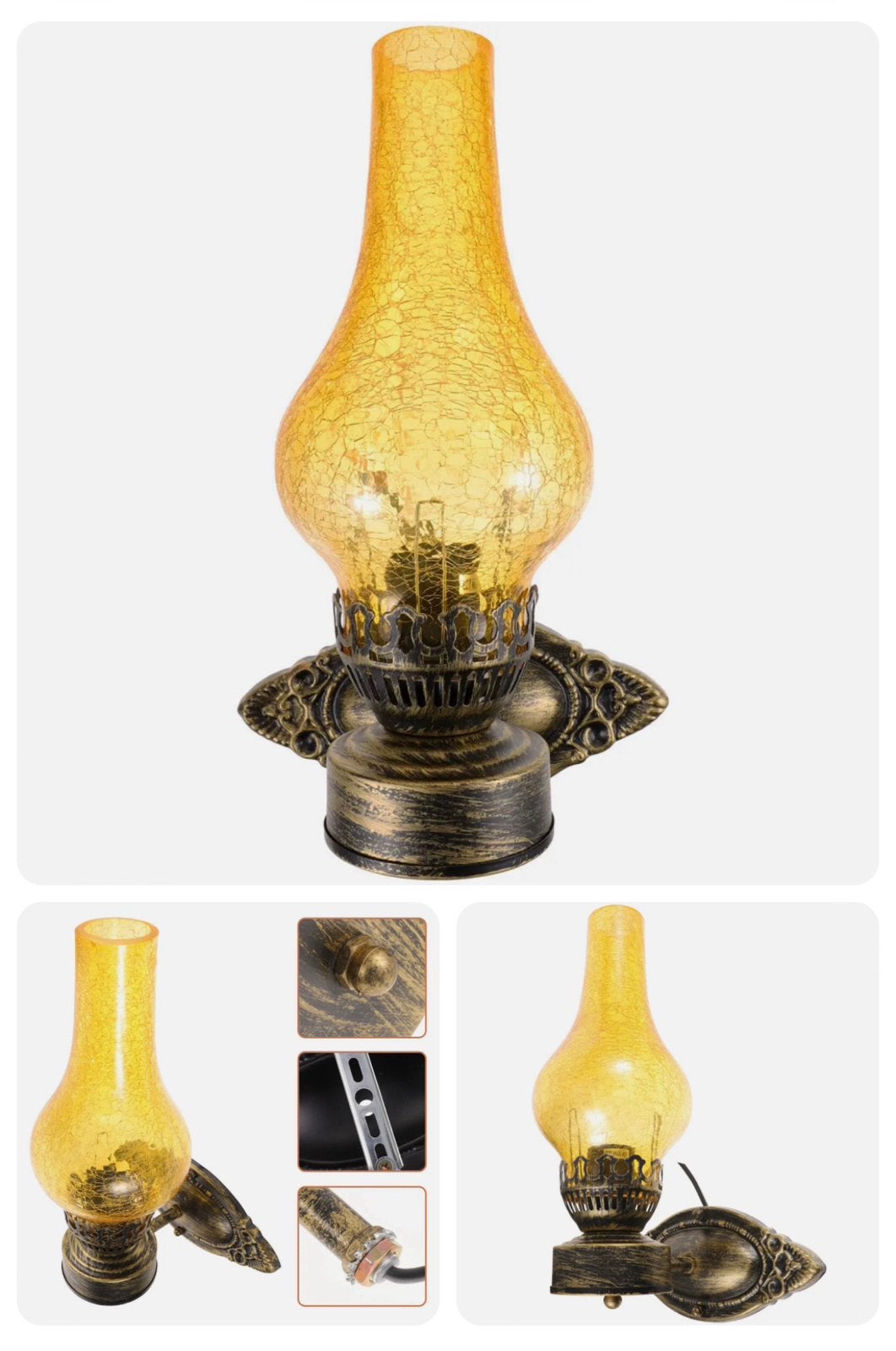 Wandlamp Industrieel olie-lamp lantaarn geel glas antiek set, Ophalen of Verzenden