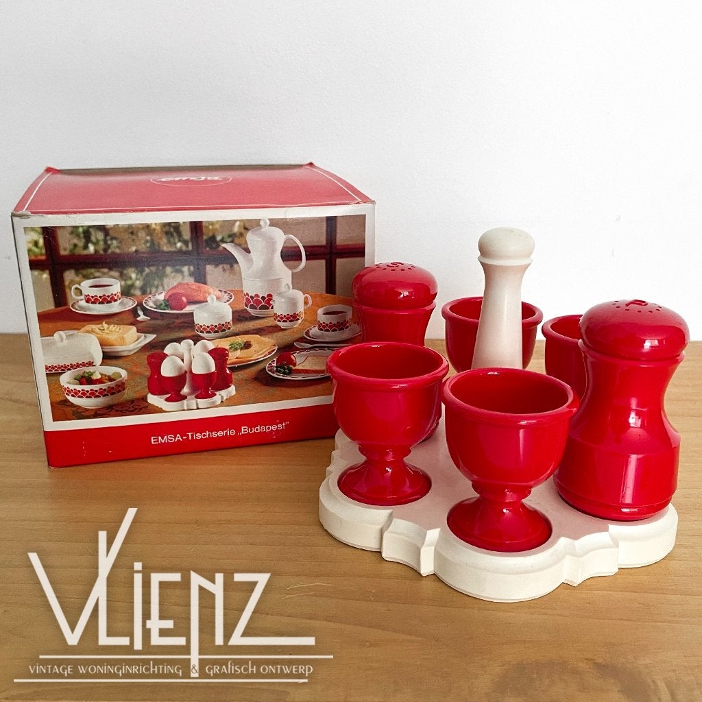Vintage, retro Emsa eierset, eierdopjes, peper en zoutstel, Verzamelen, Ophalen of Verzenden, Huis en Inrichting