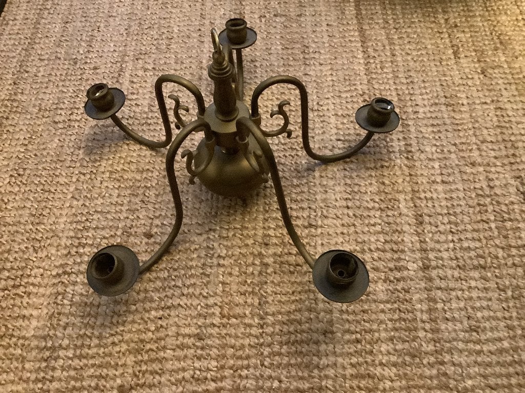 Koperen kroonluchter, 5 lichts kandelaar, hangkandelaar, Huis en Inrichting, Lampen | Kroonluchters, Ophalen, Gebruikt