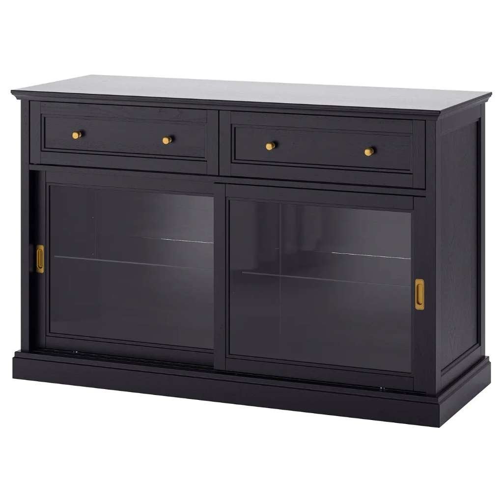 Ikea dressoir Malsjö Zwart met lades en schuifdeuren, Ophalen, Gebruikt, 100 tot 150 cm, Met lade(s)