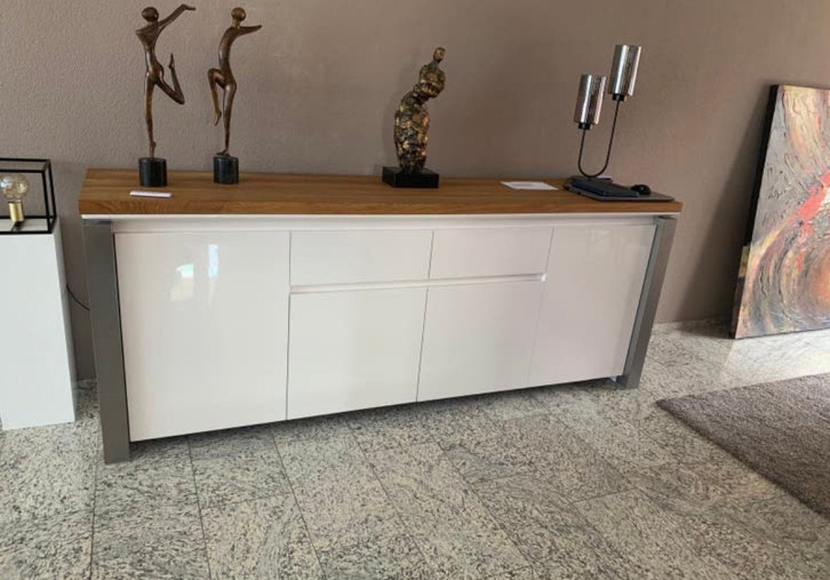 Prachtig hoogglans wit dressoir met massief eiken blad, Huis en Inrichting, Ophalen, Zo goed als nieuw, 25 tot 50 cm, 50 tot 100 cm