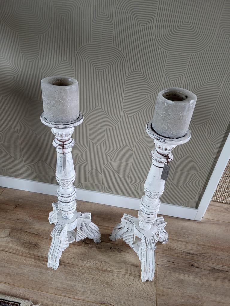 Set van 2 witte houten kandelaars met kaarsen, Ophalen, Hout, 25 tot 50 cm