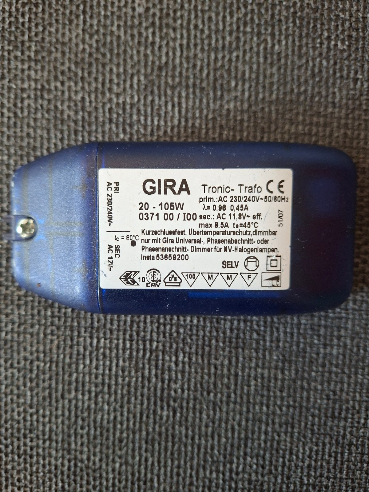 GIRA Tronic-Trafo 20-105W Halogeen Trafo Dimbaar, Blauw, Overige merken, Nieuw, Ophalen of Verzenden
