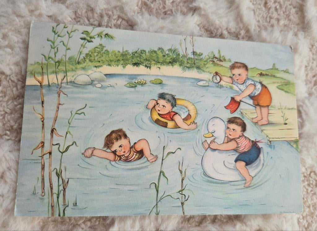 Kinderen aan het zwemmen in vijver, Verzenden, 1940 tot 1960, Gelopen, Kinderen