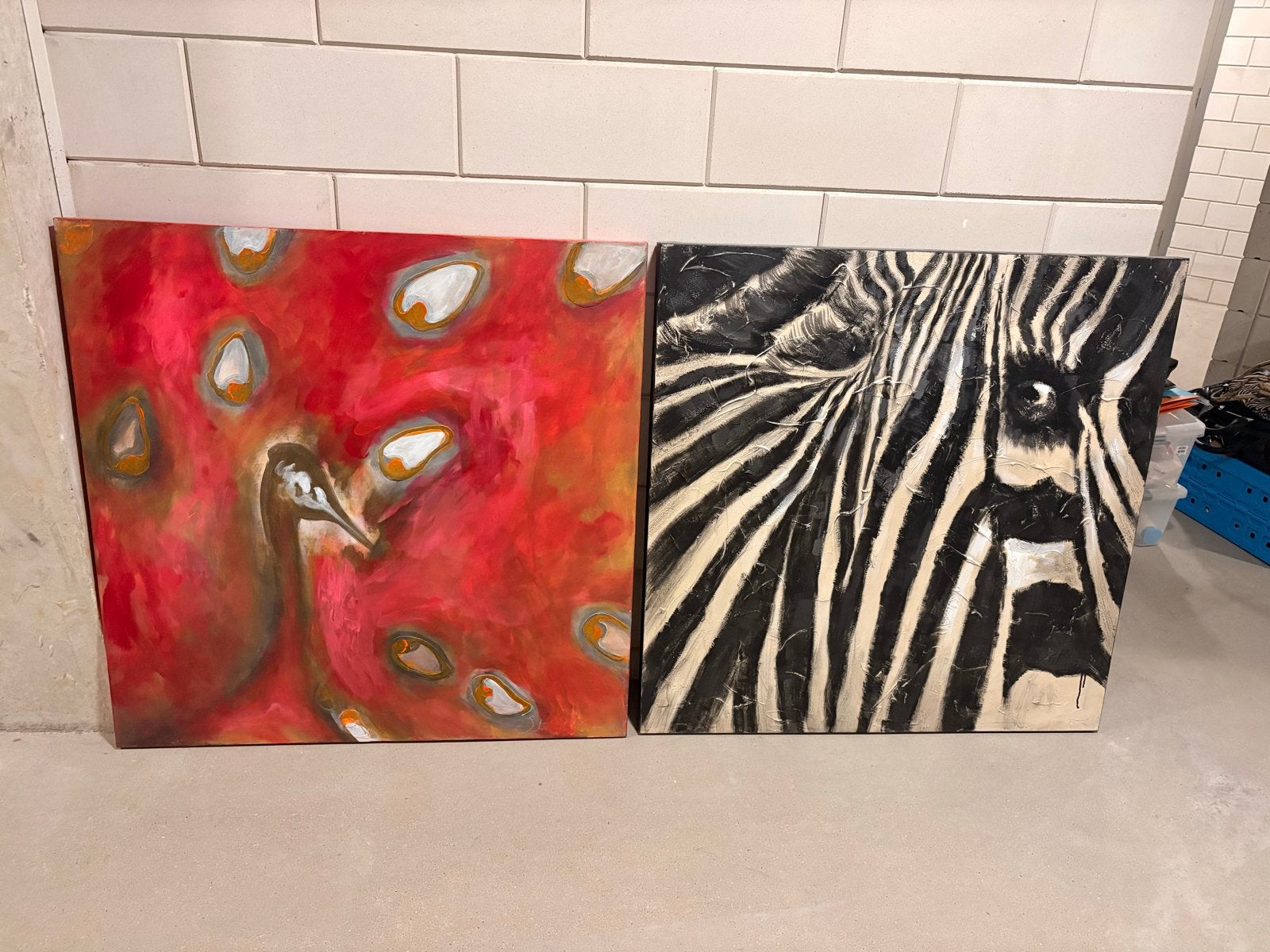 2 Schilderijen: Pauw en Zebra (100x100 cm), Ophalen, Handgeschilderd, Dieren, Olieverf