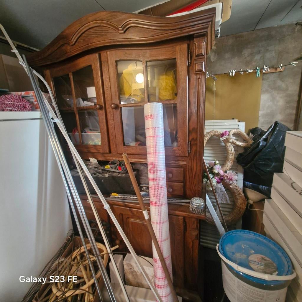 Antieke houten kast met glazen deuren en lades, Antiek en Kunst, Antiek | Meubels | Kasten, Ophalen of Verzenden