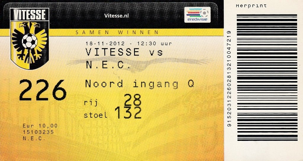 Ticket:Vitesse v NEC NIjmegen 18-11-2012., Verzenden, Zo goed als nieuw, Vitesse, Overige typen