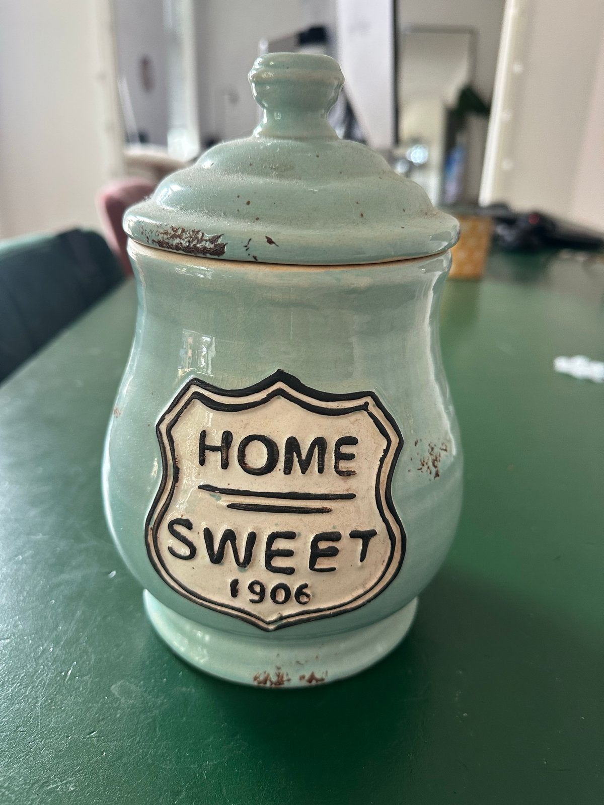 Home Sweet 1906 Potje - Mintgroen Keramiek, Groen, Vintage, Gebruikt, Ophalen of Verzenden