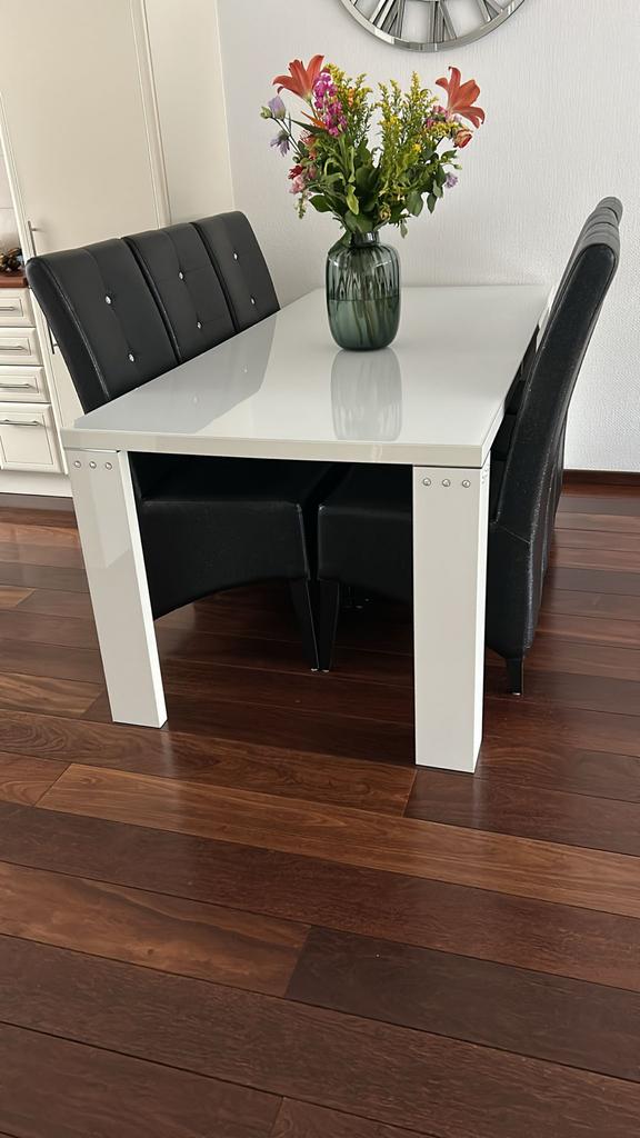 Moderne witte eettafel met glasplaat, Ophalen, Kunststof, 50 tot 100 cm, Zo goed als nieuw
