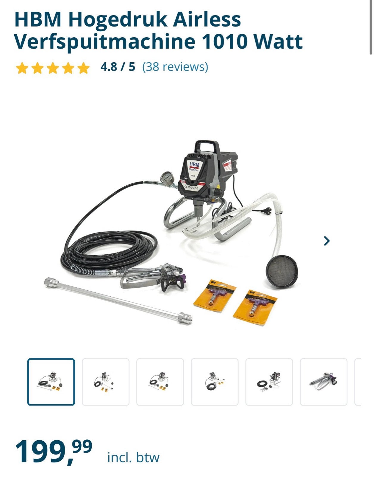 HBM Hogedruk Airless Verfspuitmachine 1010 Watt, Ophalen, Zo goed als nieuw, Verfspuit of Verfpomp
