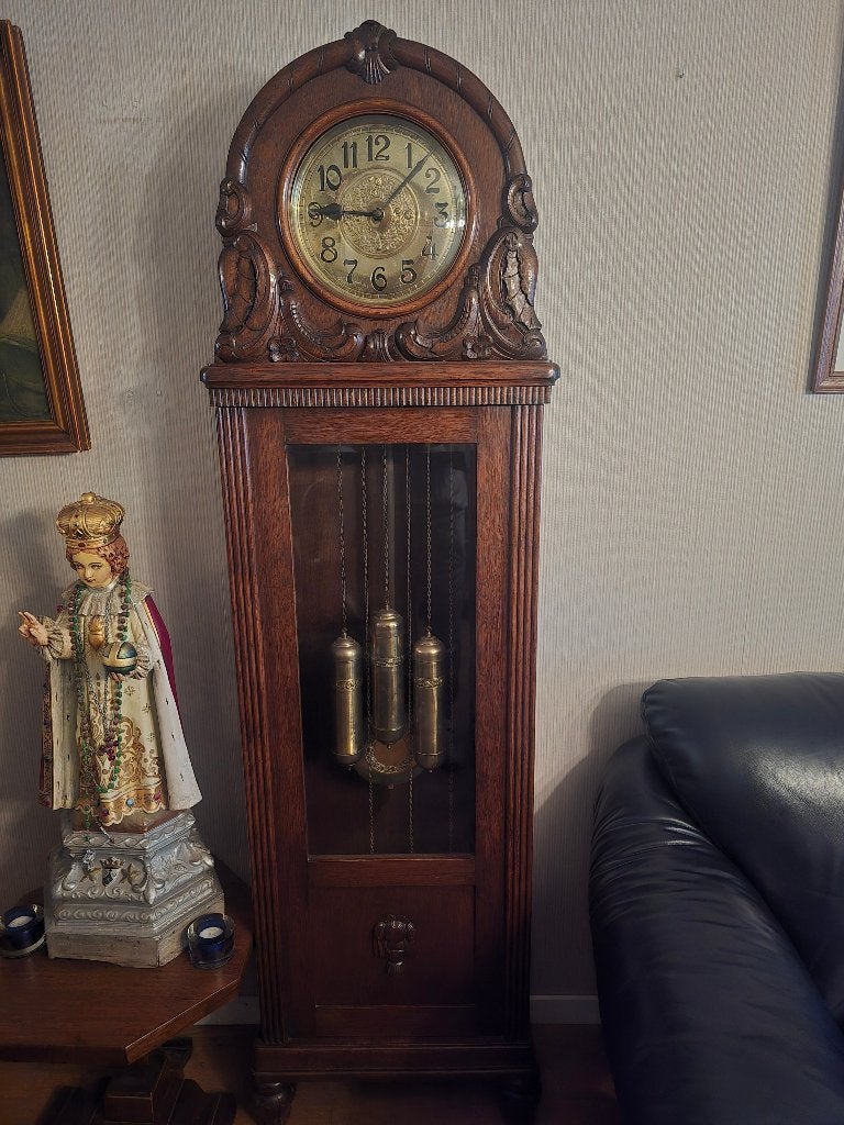 Klassieke antieke houten staande klok met gewichten, Ophalen