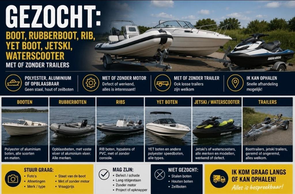 GEZOCHT: Boot / rubberboot / RIB / jetski / waterscooter., Ophalen of Verzenden, Gebruikt, Overige merken
