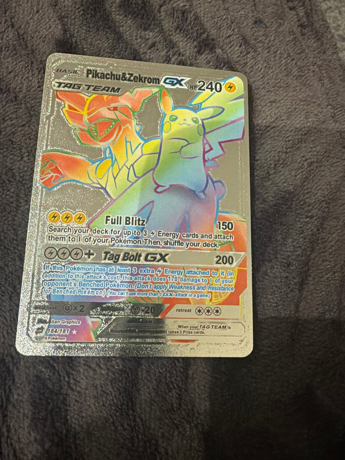 Pikachu & Zekrom GX Rainbow Rare Pokémon Kaart, Ophalen of Verzenden, Zo goed als nieuw, Losse kaart, Foil