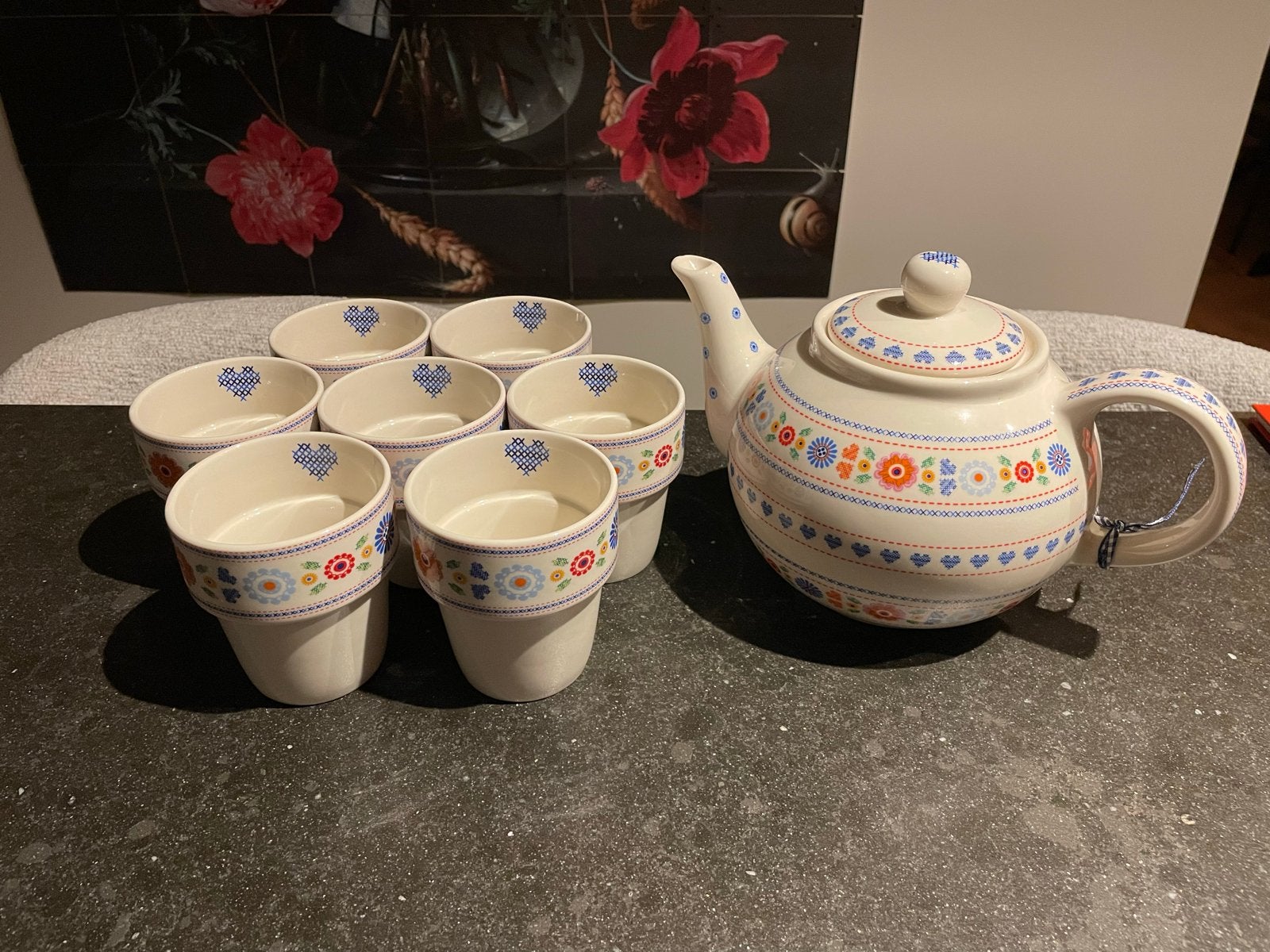 Kakelbont theepot met 6 kopjes - Vintage servies, Ophalen, Gebruikt, Overige merken, Keramiek