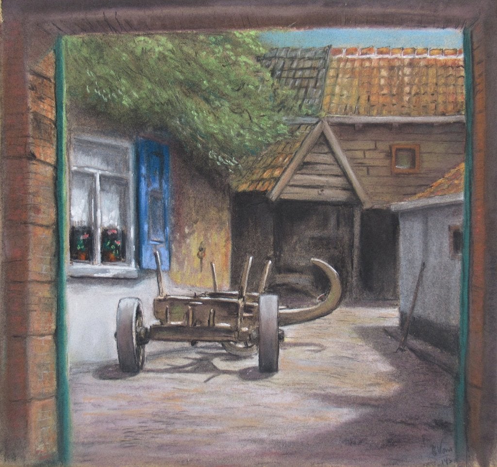 Cor Vons (1903-1980): Binnenplaats met wagen, pastel, 1943, Ophalen of Verzenden, Origineel werk