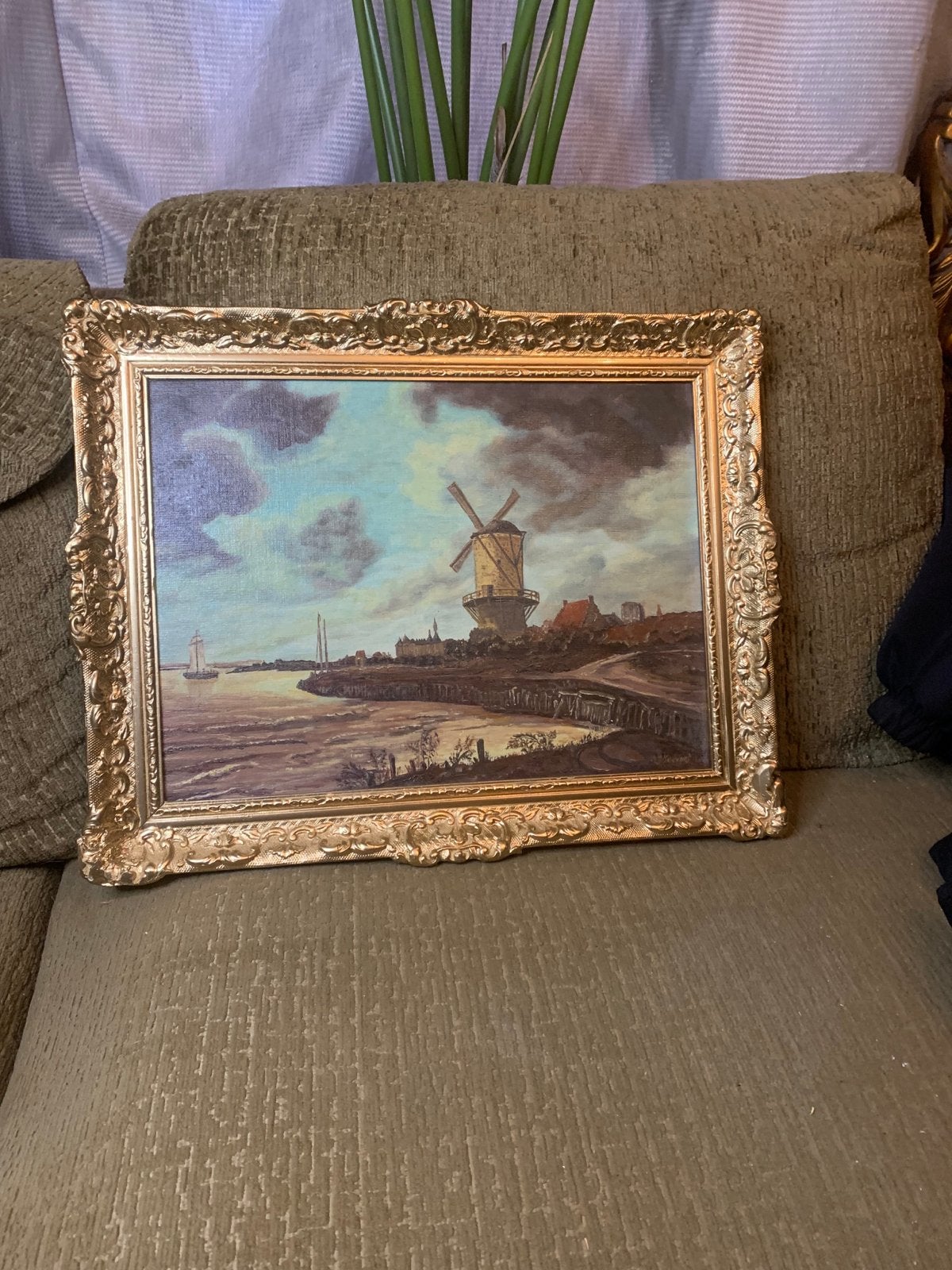 Goud Klassiek Hollands Landschap met Molen barok schilderij, Antiek en Kunst, Overige ondergronden, Ophalen of Verzenden, Landschap
