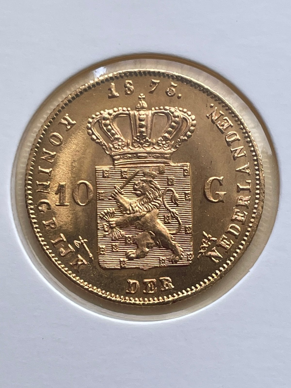 Gouden tientje 1875 overslag Fdc, Koning Willem III, Verzenden, Goud, Losse munt