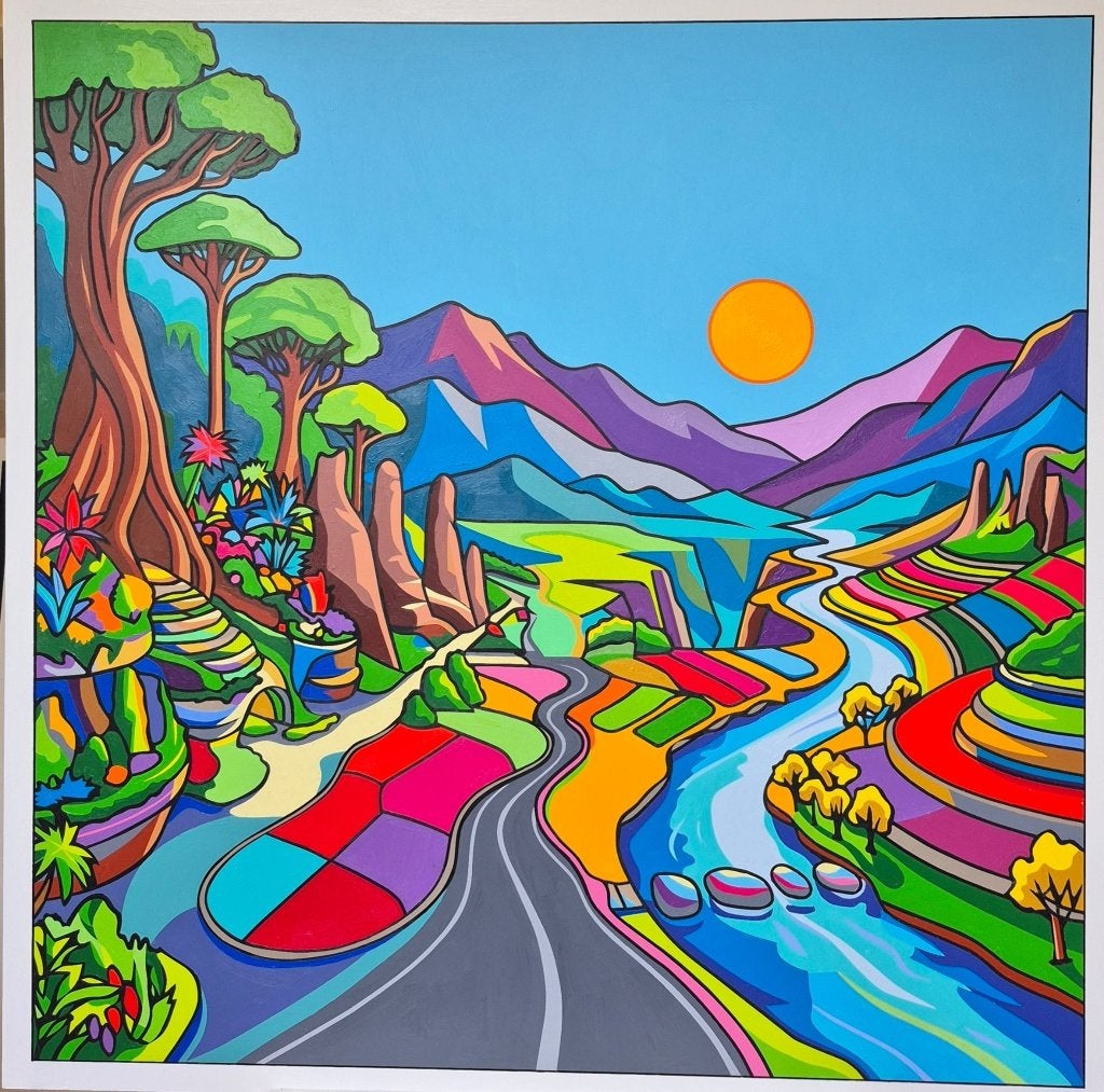 Schilderij Franklin van Dam Exotisch Berglandschap Rivier, Abstract, Acrylverf, Hout, Handgeschilderd