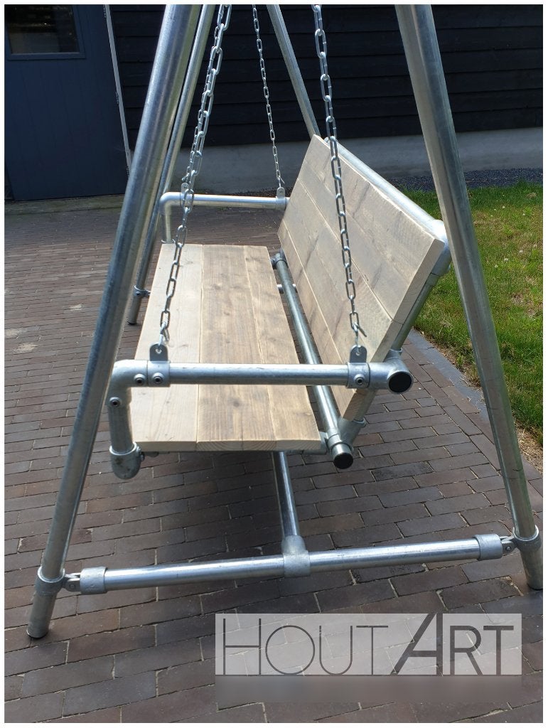 Schommelbank steigerhout met steigerbuis!, Minder dan 75 cm, Info@hout-art.nl, Ophalen of Verzenden, Rechte bank