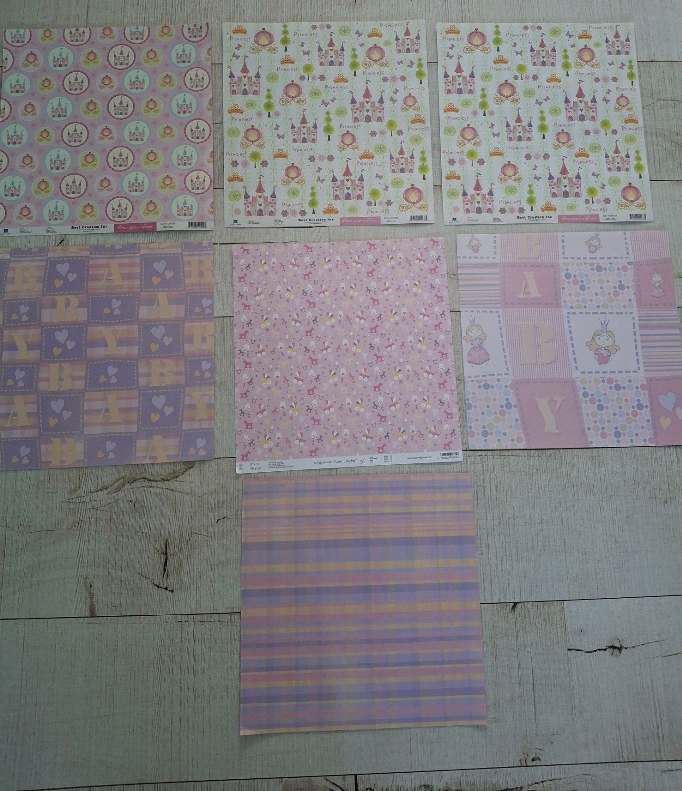 Scrapbook vellen - Prinses en Baby thema (7 stuks), Hobby en Vrije tijd, Scrapbooking, Ophalen of Verzenden, Nieuw, Papier of Karton
