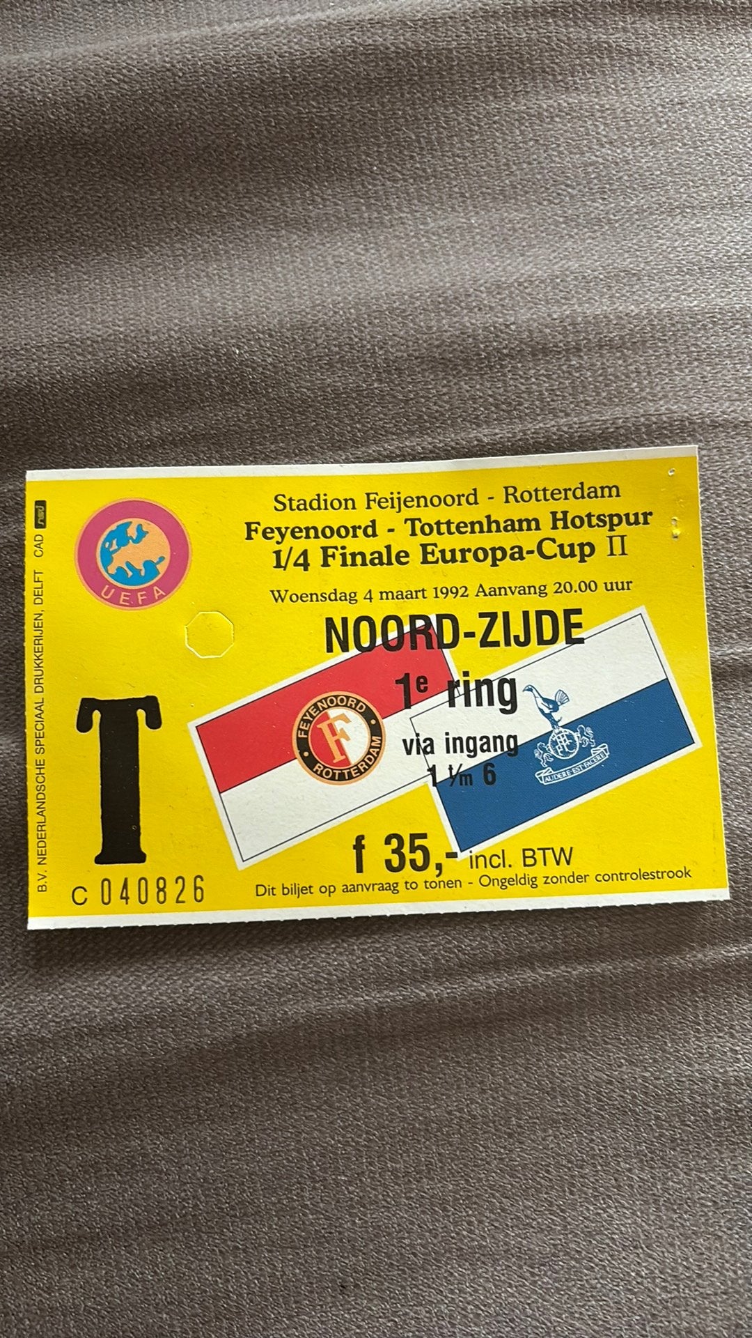 Oud stadionticket feyenoord spurs 1992, Ophalen of Verzenden, Zo goed als nieuw