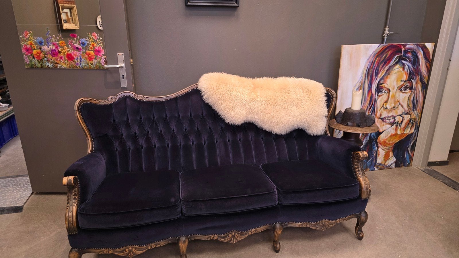 Prachtige vintage 3-zitsbank in barokstijl – blauw fluweel, Ophalen, Driepersoons, Hout, Barok