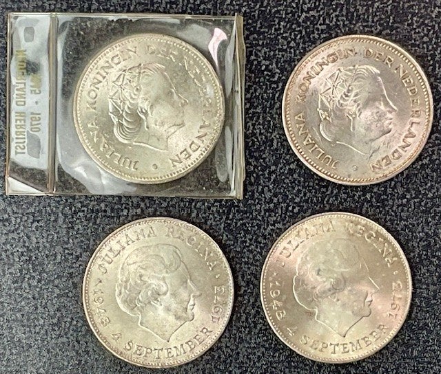 Vier zilveren 10 gulden munten, 2x1970, 2x1973 # 370, Postzegels en Munten, Munten | Nederland, Koningin Beatrix, Zilver, Ophalen of Verzenden